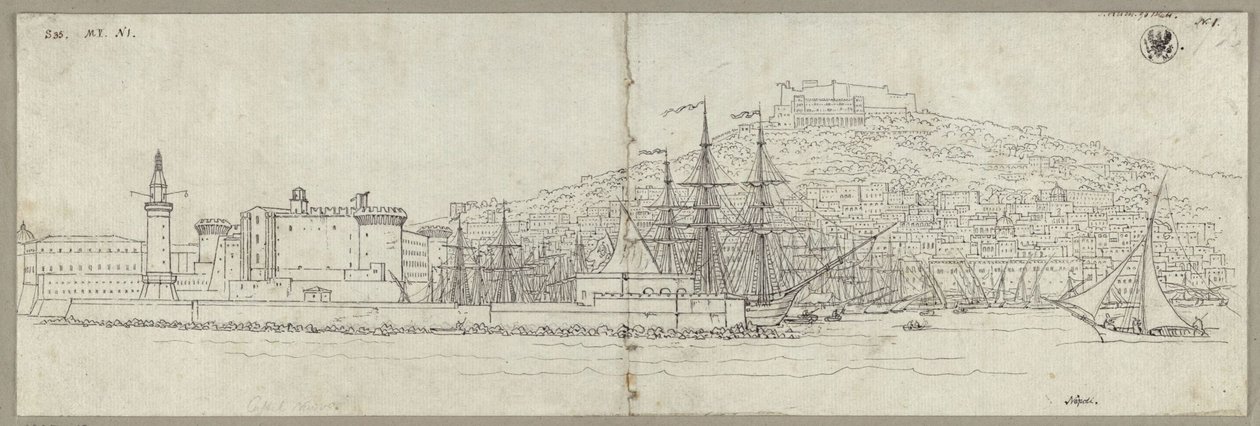 Vista de Nápoles con el puerto, el Castel Nuovo, el faro y el Castel Sant