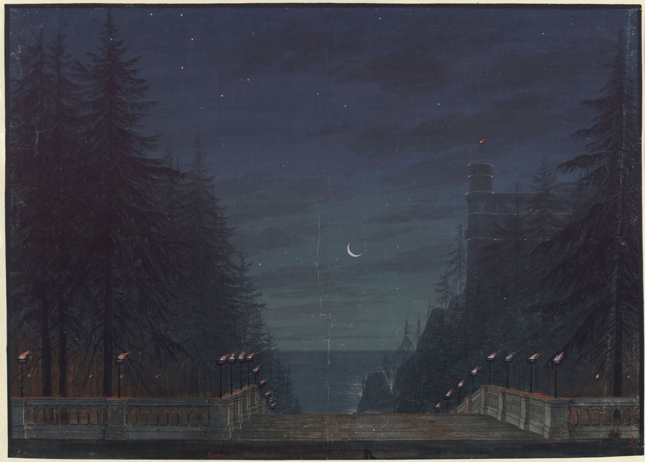 Ariodan. Ópera de Étienne Nicolas Méhul. Boceto de la segunda escenografía. Jardín junto al palacio de Edgar. de Karl Friedrich Schinkel