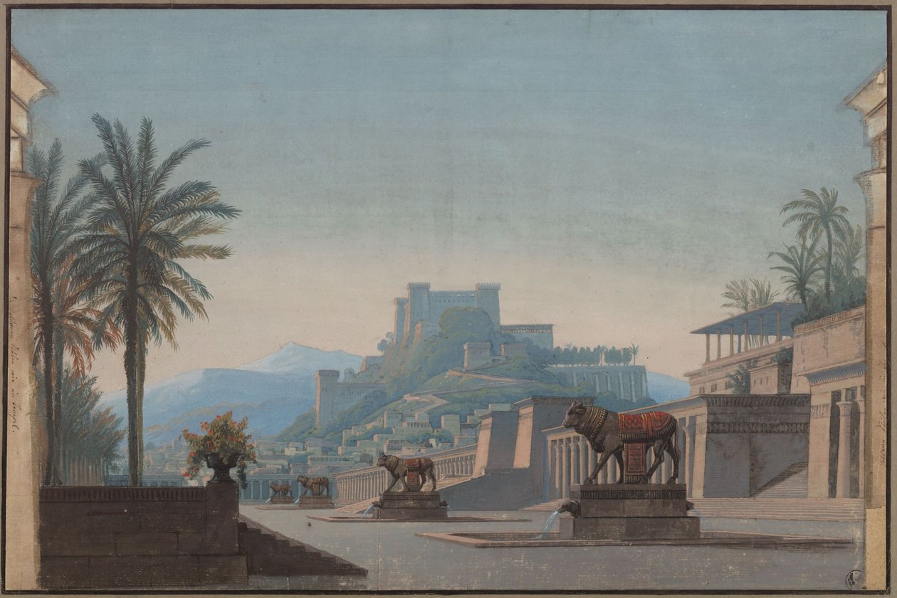 Athalia. Ópera de Johann Nepomuk von Poissl. Boceto de la primera escenografía. Vista de Jerusalén y del castillo de Sión de Karl Friedrich Schinkel