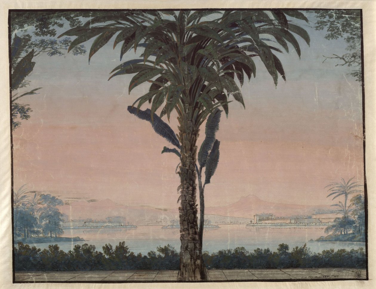 Athalia. Ópera de Johann Nepomuk von Poissl. Boceto de la cuarta escenografía. Jardín del sumo sacerdote con una gran palmera frente a un estanque. de Karl Friedrich Schinkel