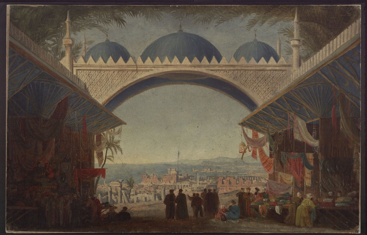 Aucassin y Nicolette. Ópera de Georg Abraham Schneider. Boceto de la quinta escenografía. Bazar de Túnez de Karl Friedrich Schinkel
