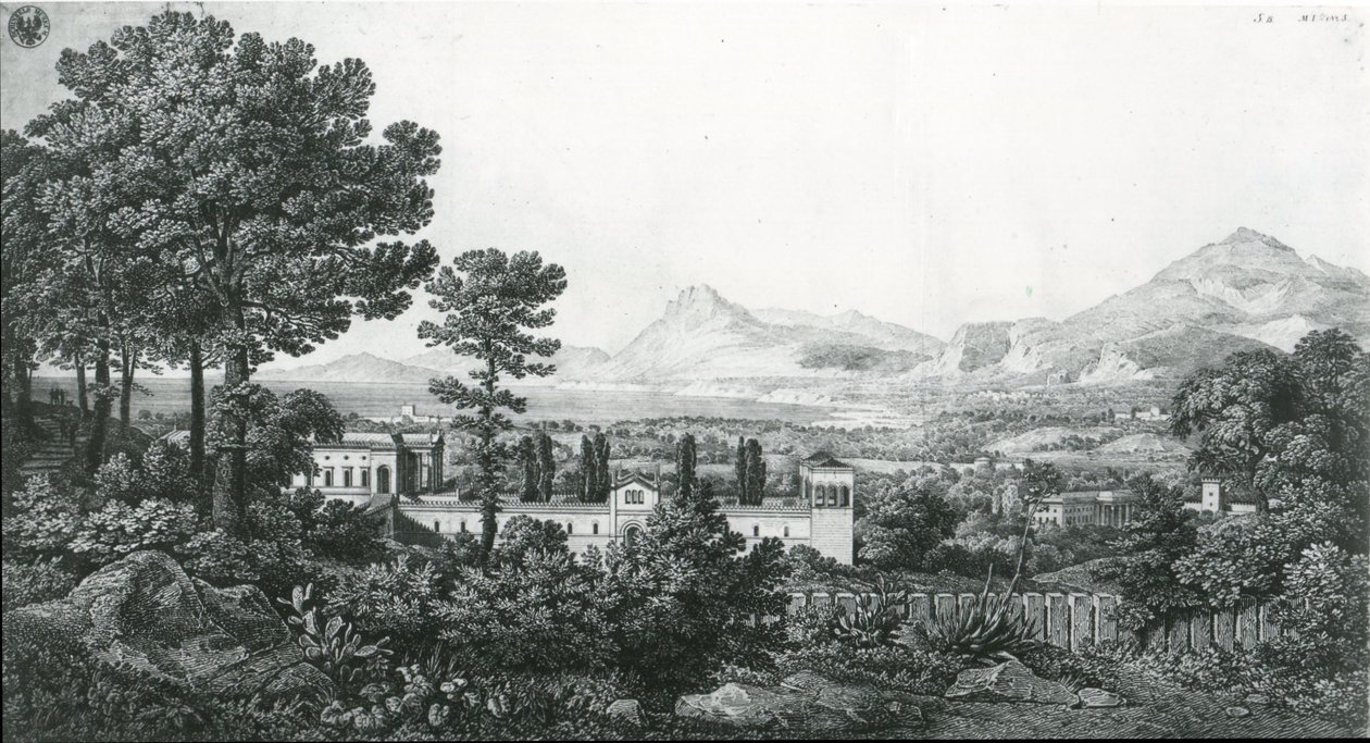 «Vista desde el palacio del príncipe Valguarnera de una parte de Bagaria, cerca de Palermo, y del golfo de Cefalú» de Karl Friedrich Schinkel