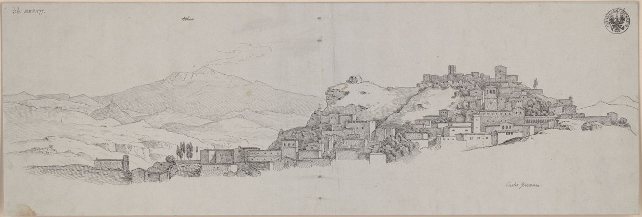 «Vista del Etna desde las alturas de Castro Giovanni» / Vista de Enna con el Etna al fondo de Karl Friedrich Schinkel