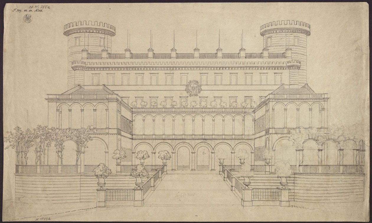 Bad Muskau. Palacio. Primera propuesta de reforma. Alzado de la fachada sur de Karl Friedrich Schinkel