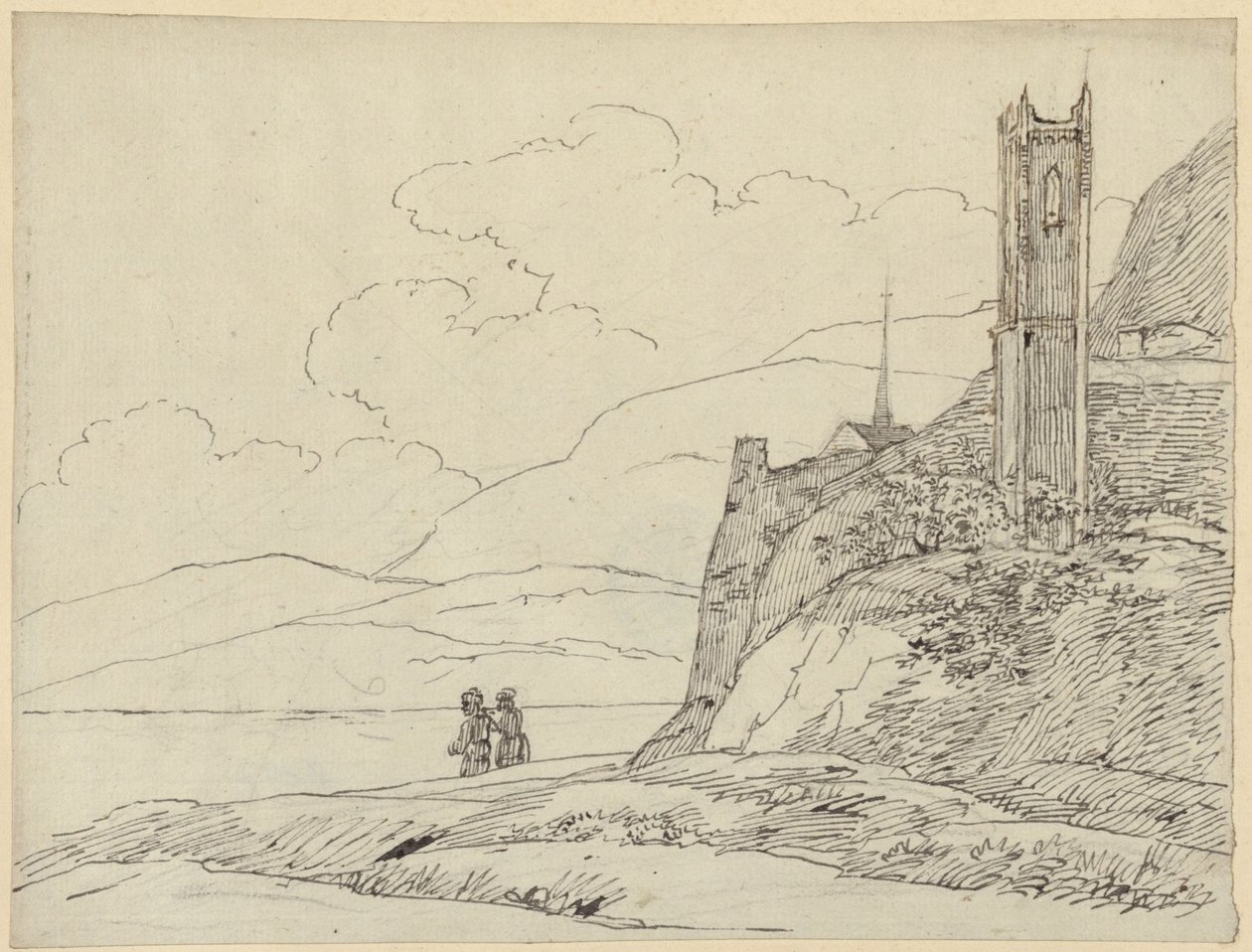 Paisaje montañoso con ruinas de torre y figuras de Karl Friedrich Schinkel