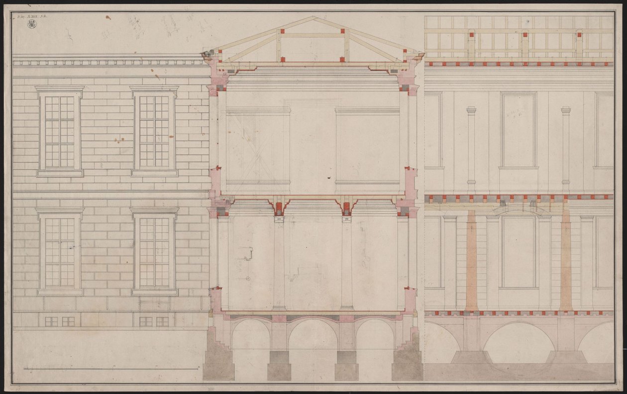 Berlín. Edificio de la Academia Unter den Linden. Alzado parcial de la fachada, detalle de sección longitudinal parcial y sección transversal de Karl Friedrich Schinkel