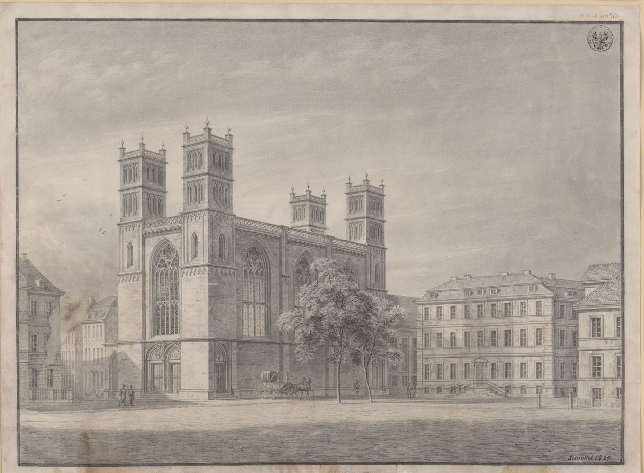 Berlín. Iglesia de Friedrichswerder. Vista en perspectiva y variante con cuatro torres en las esquinas de Karl Friedrich Schinkel