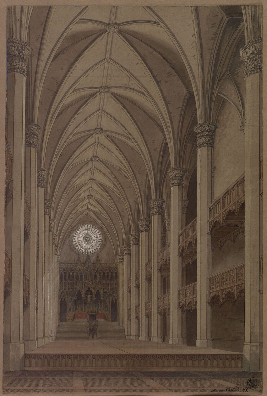 Berlín. Iglesia de San Pedro. Proyecto de reconstrucción en estilo gótico. Vista interior con el altar a la vista de Karl Friedrich Schinkel
