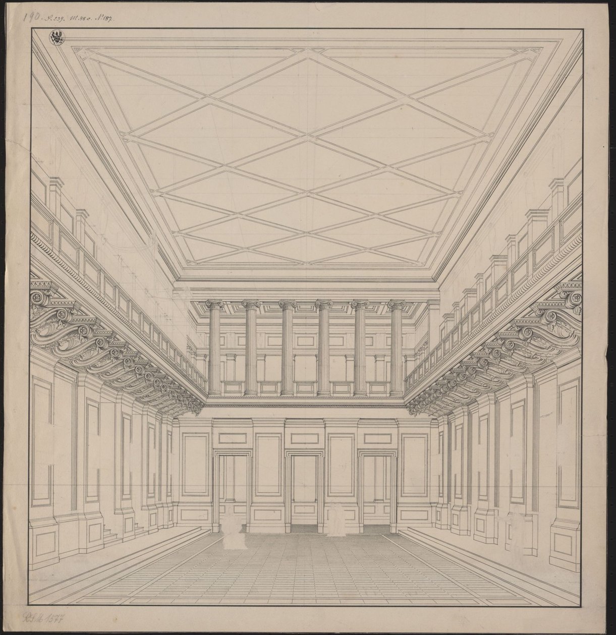 Berlín. Schauspielhaus en Gendarmenmarkt, sala de conciertos. Vista de Karl Friedrich Schinkel
