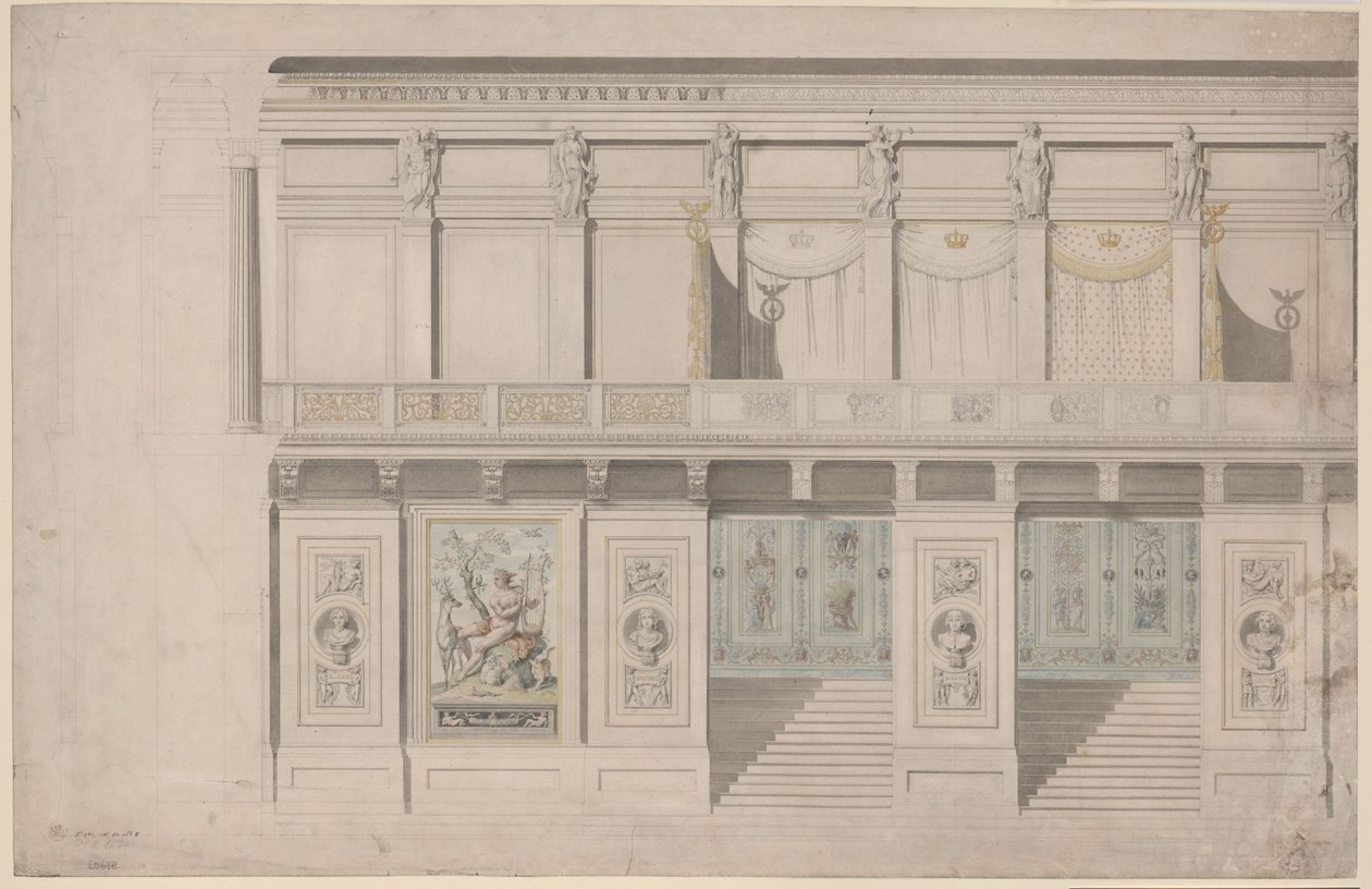 Berlín. Teatro de la Gendarmenmarkt, sala de conciertos. Alzado de la pared longitudinal de Karl Friedrich Schinkel