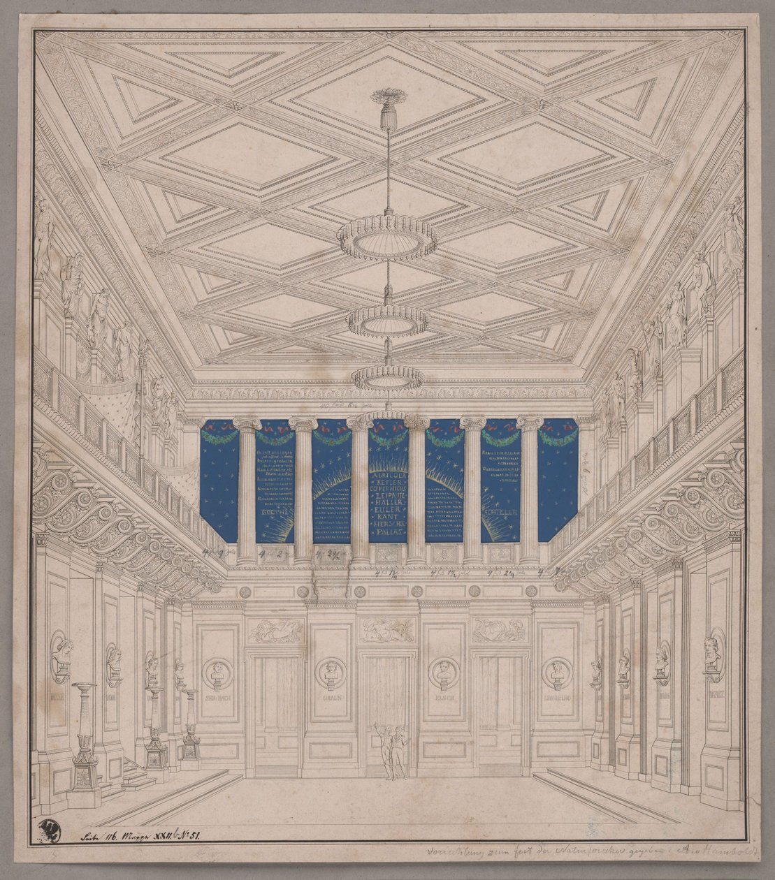 Berlín. Teatro de la Gendarmenmarkt, sala de conciertos.  Decoración con motivo de la Fiesta de los Naturalistas de Karl Friedrich Schinkel