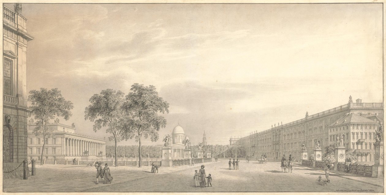 Berlín, Unter den Linden. Vista del Lustgarten con el puente del Palacio, el Museo Antiguo, la catedral y el Palacio de Karl Friedrich Schinkel
