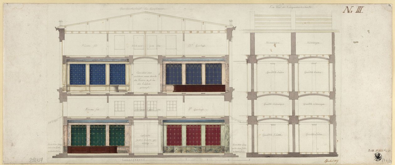Berlín, Unter den Linden. Proyecto de unos grandes almacenes. Dos secciones transversales de Karl Friedrich Schinkel