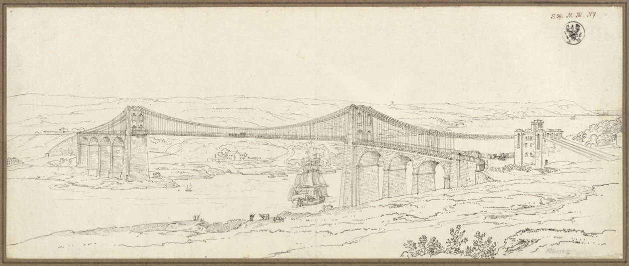 Vista del puente colgante sobre el estrecho de Menai cerca de Bangor, en Gales de Karl Friedrich Schinkel