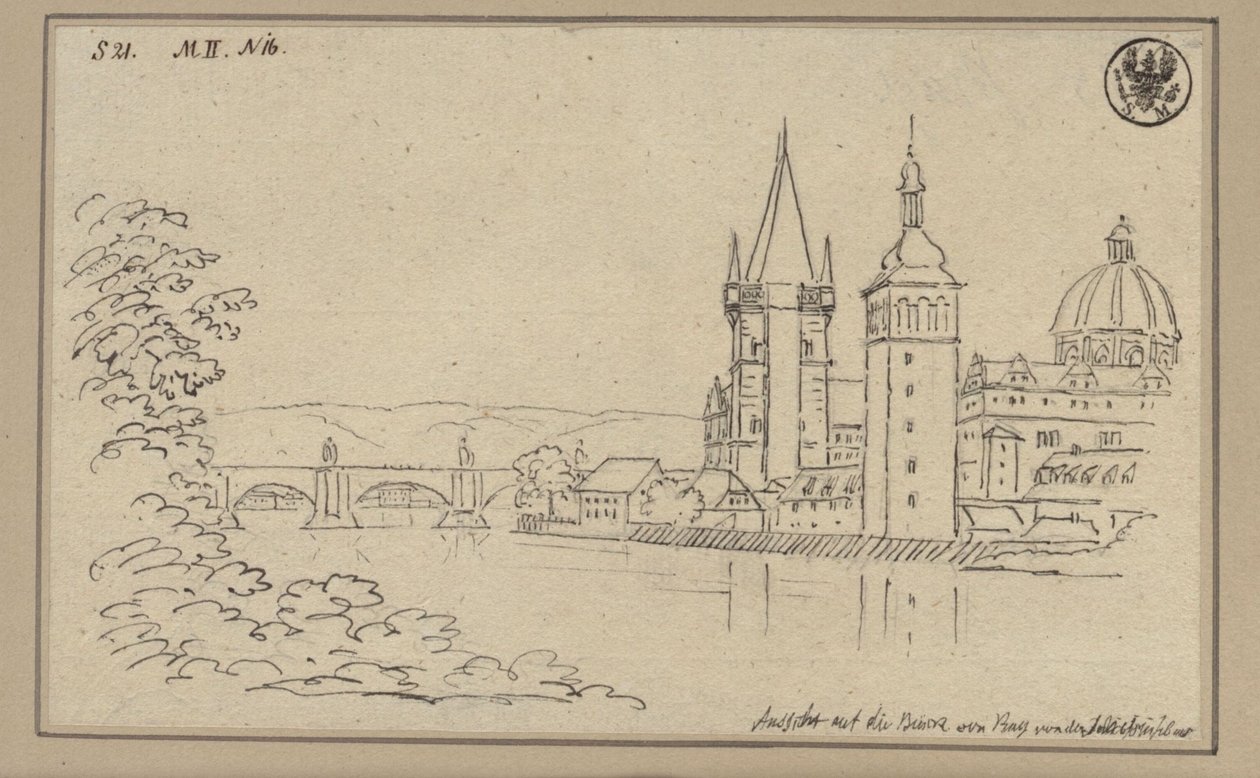 Vista del Puente de Carlos en Praga, con la torre del puente de la Ciudad Vieja y la cúpula de la iglesia de los Caballeros de la Cruz de Karl Friedrich Schinkel