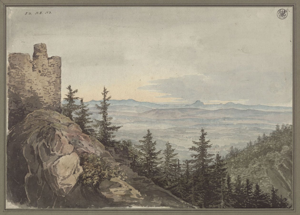 Vista desde las ruinas de Geiersburg sobre la llanura de Teplitz con el monasterio de Maria Schein, al fondo los montes de Bohemia de Karl Friedrich Schinkel