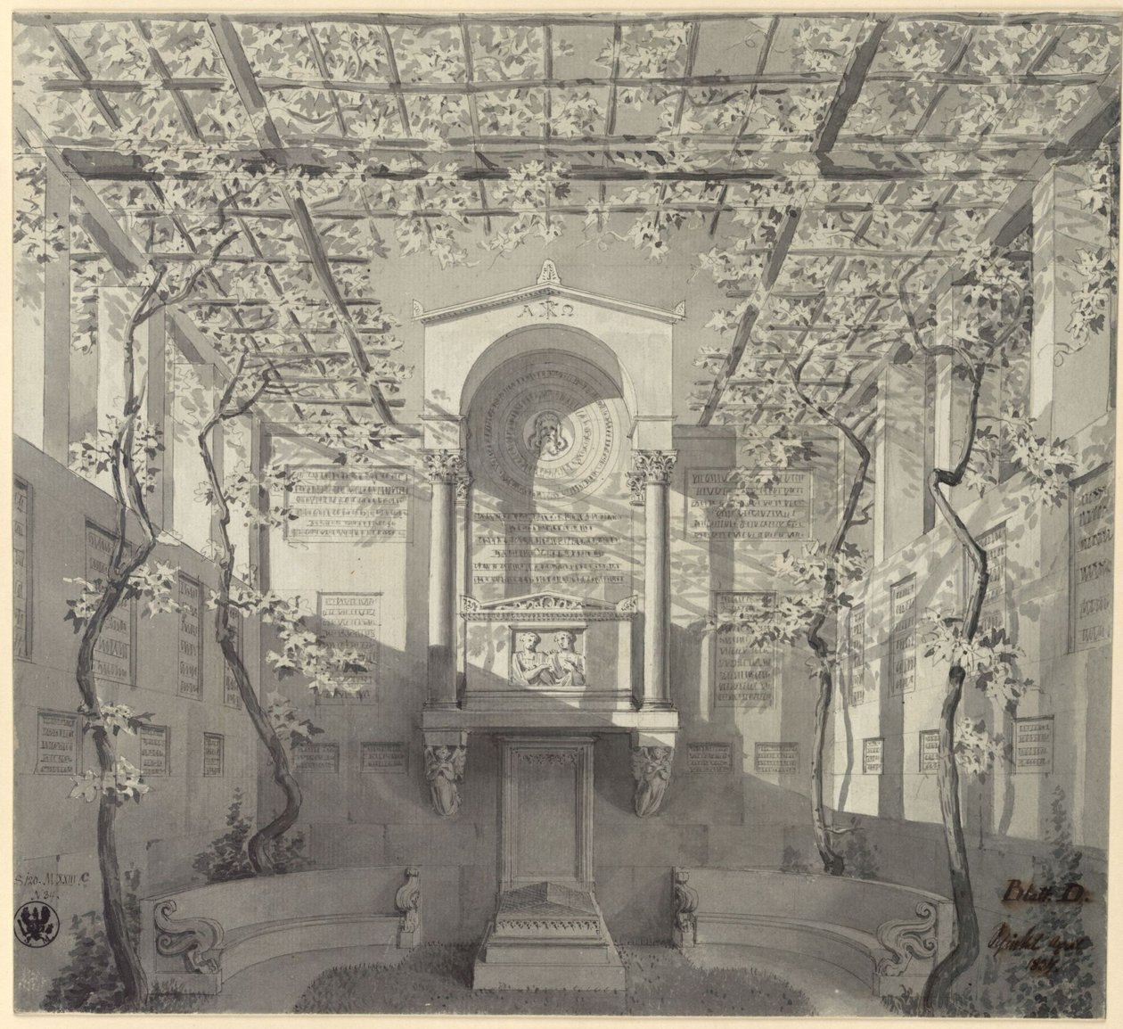 Bonn. Proyecto del monumento funerario para Barthold Georg Niebuhr, con pérgola de Karl Friedrich Schinkel