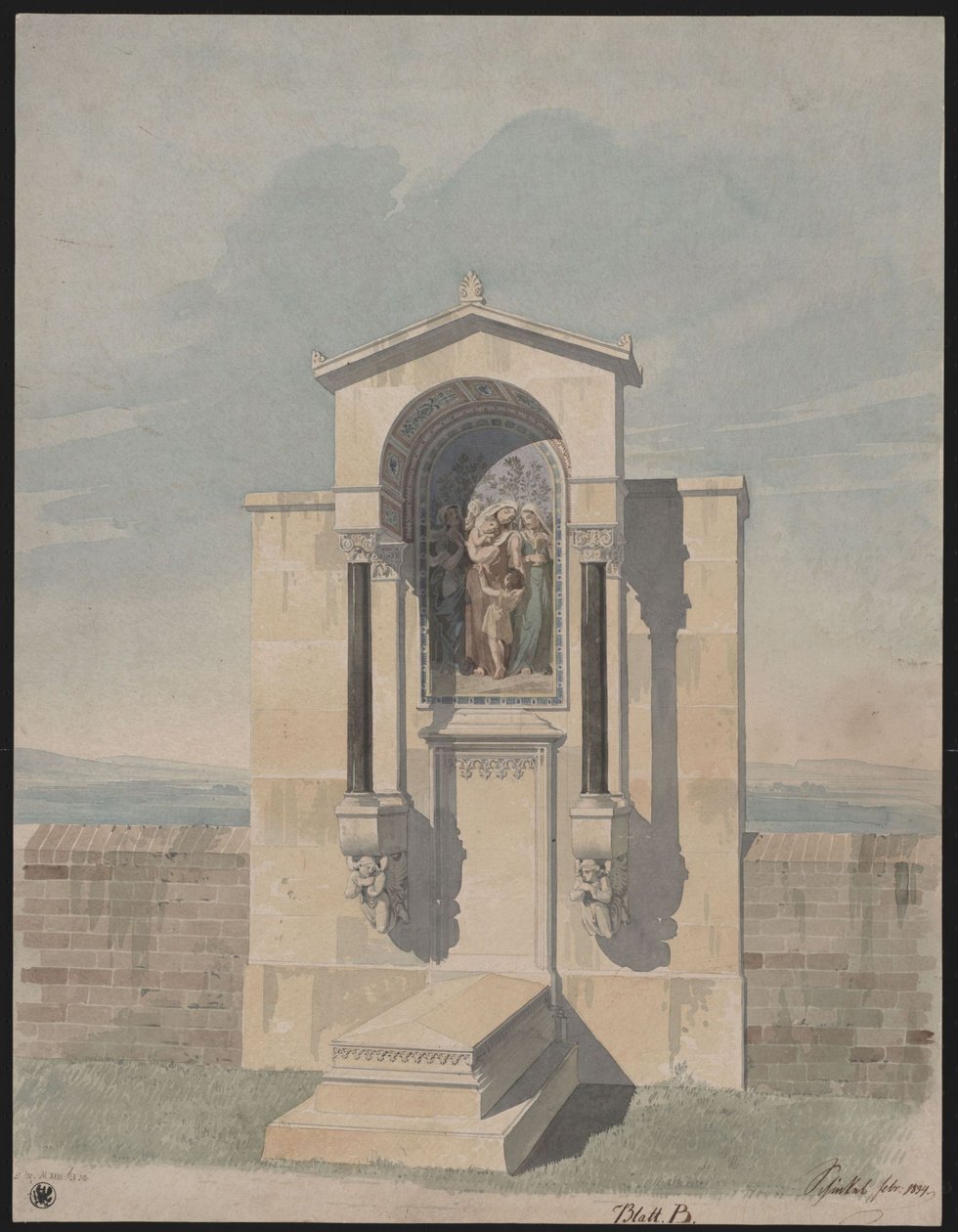 Bonn. Proyecto para el monumento funerario de Barthold Georg Niebuhr, con la imagen de las virtudes cristianas «Fe, Amor, Esperanza» de Karl Friedrich Schinkel