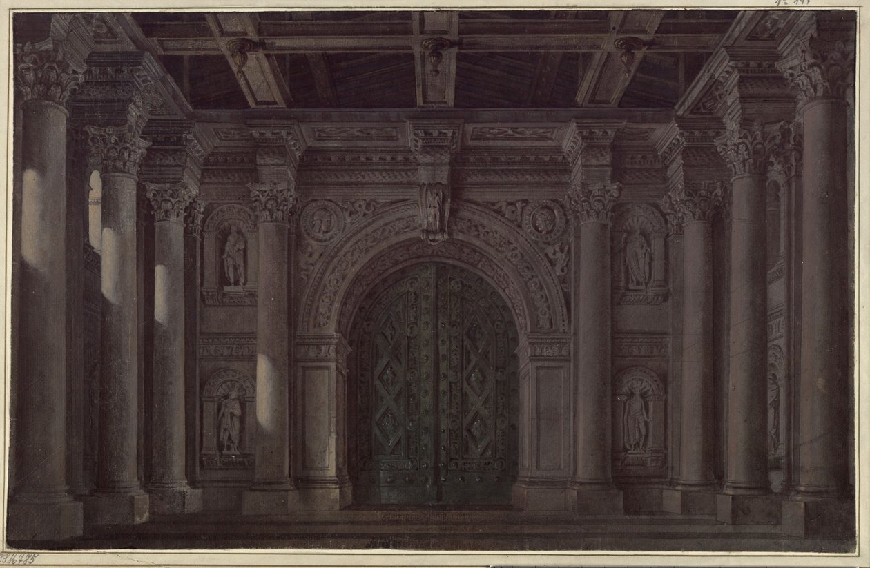 La novia de Mesina. Tragedia de Friedrich Schiller. Proyecto para la 1.ª y la última decoración. Sala con columnas y portal de Karl Friedrich Schinkel