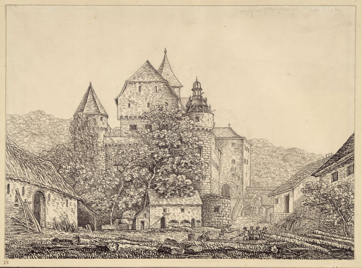 Grupo de edificios semejantes a un castillo en un paisaje montañoso de Karl Friedrich Schinkel