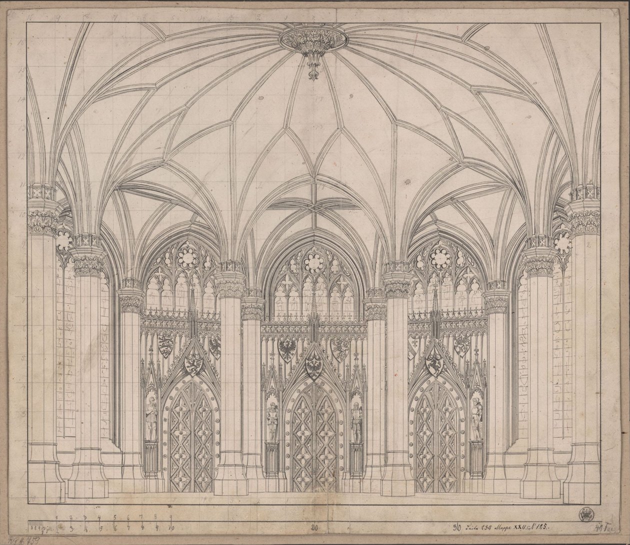 Decoración para uso general. Sala gótica con tres puertas y ventanas anchas de Karl Friedrich Schinkel