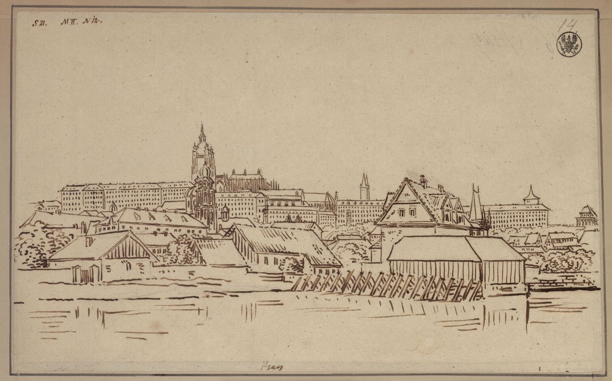 El Hradčany en Praga, con edificios de Malá Strana en primer plano de Karl Friedrich Schinkel