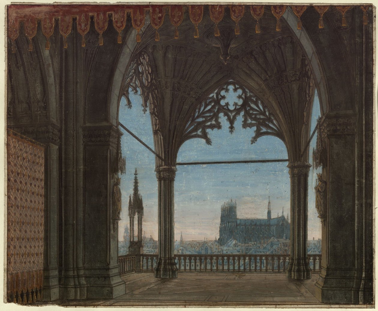 La Doncella de Orleans. Tragedia de Friedrich Schiller. Borrador de la octava escenografía. Sala gótica con vistas a Reims de Karl Friedrich Schinkel