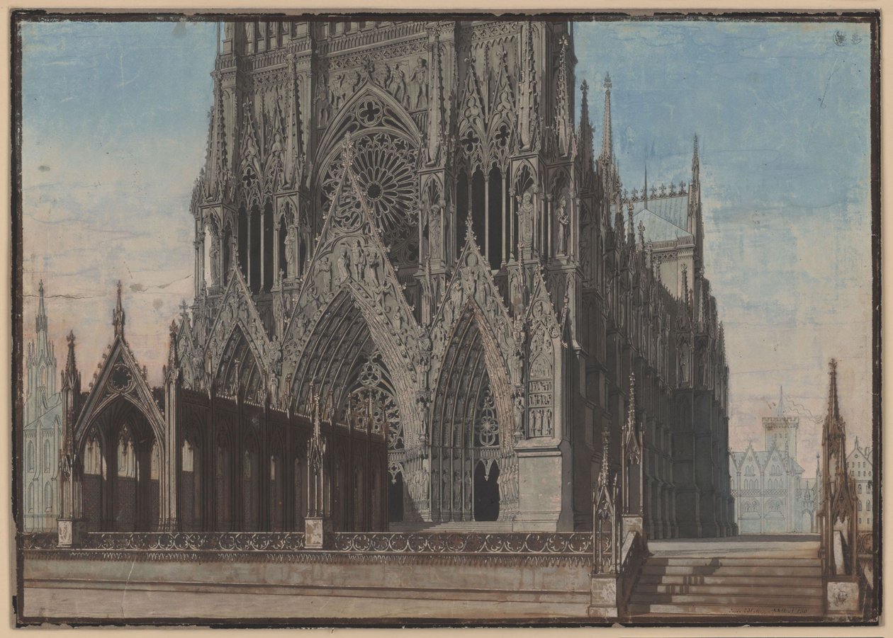 La Doncella de Orleans. Tragedia de Friedrich Schiller. Borrador de la novena escenografía. Fachada de la catedral de Reims de Karl Friedrich Schinkel