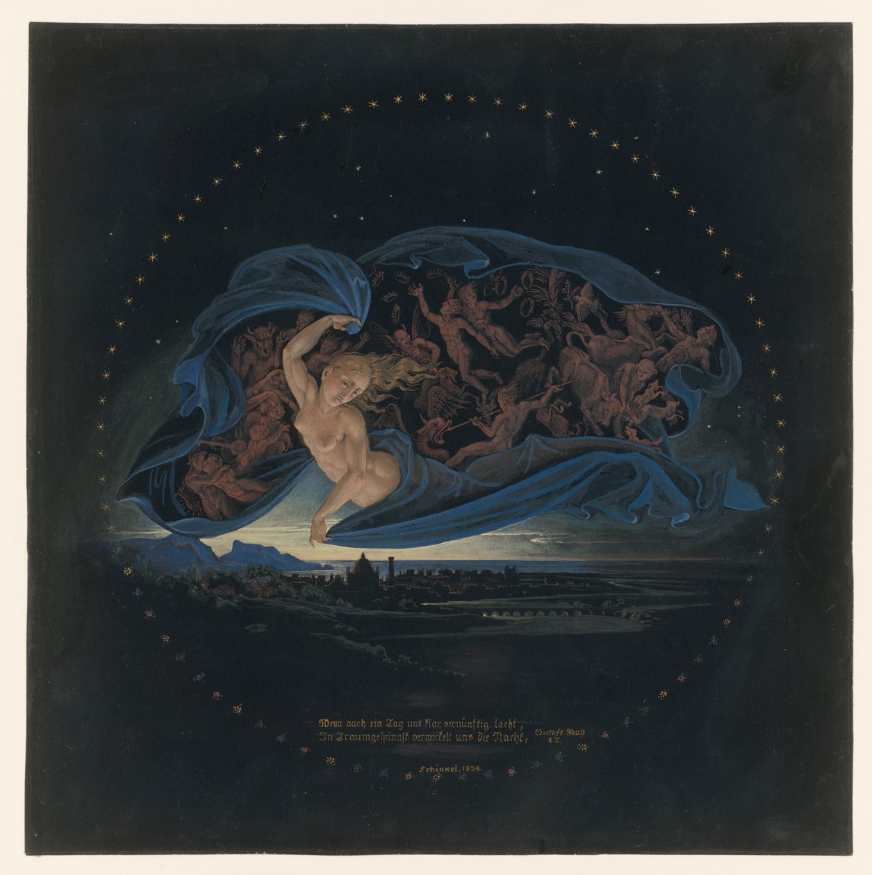 La noche cae sobre el golfo de Nápoles de Karl Friedrich Schinkel