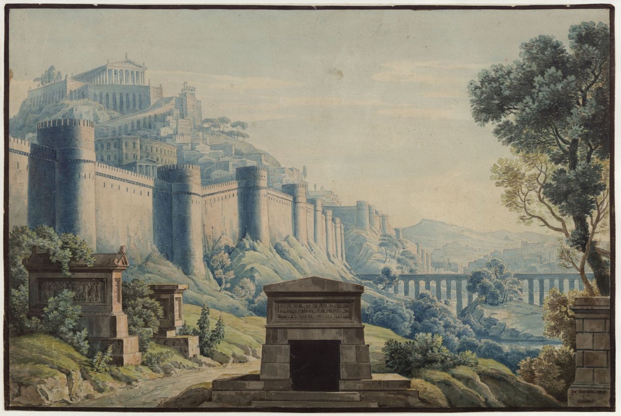 «La vestal». Ópera de Gaspare Spontini. Boceto de la tercera escenografía. Ciudad de estilo antiguo situada en una montaña, rodeada de altas murallas. de Karl Friedrich Schinkel