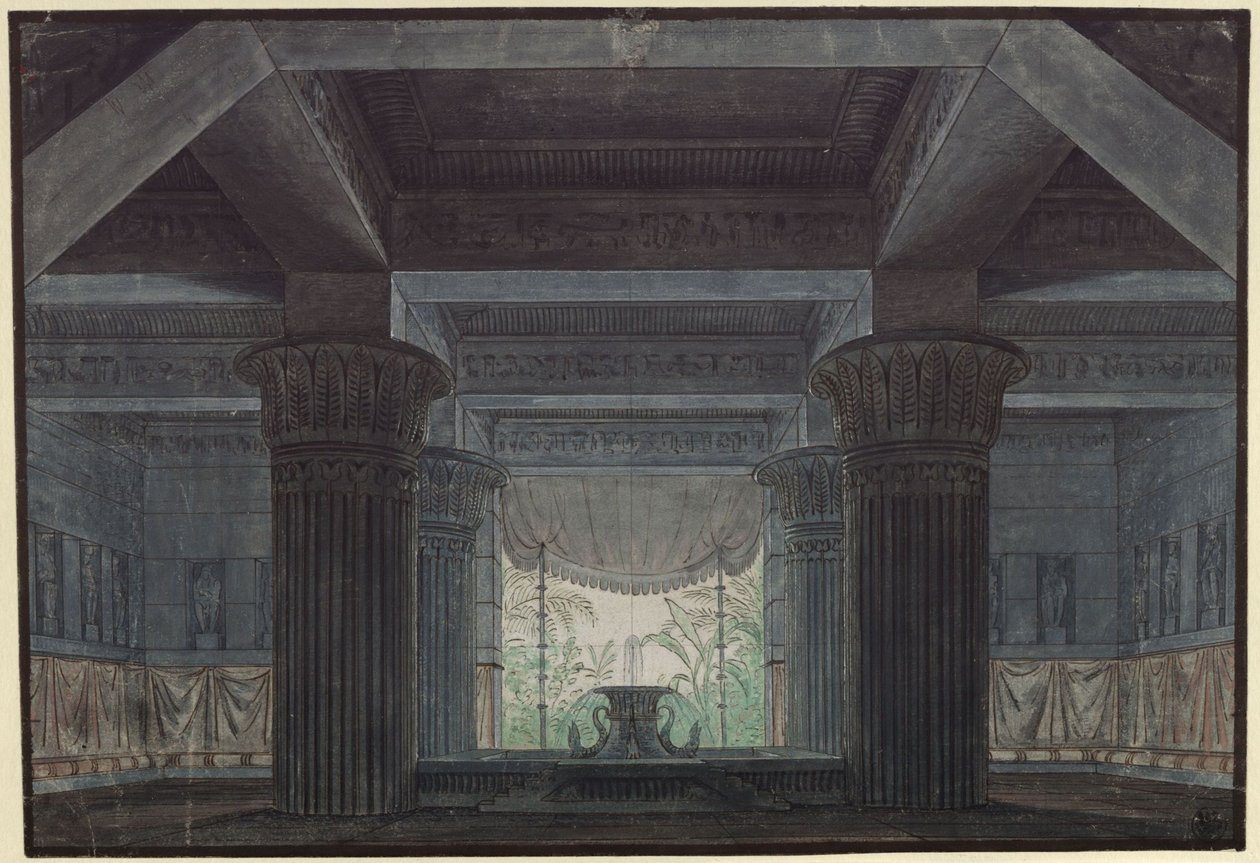 La flauta mágica. Ópera de Wolfgang Amadeus Mozart. Diseño para el 3.er decorado. Sala en el castillo de Sarastro de Karl Friedrich Schinkel