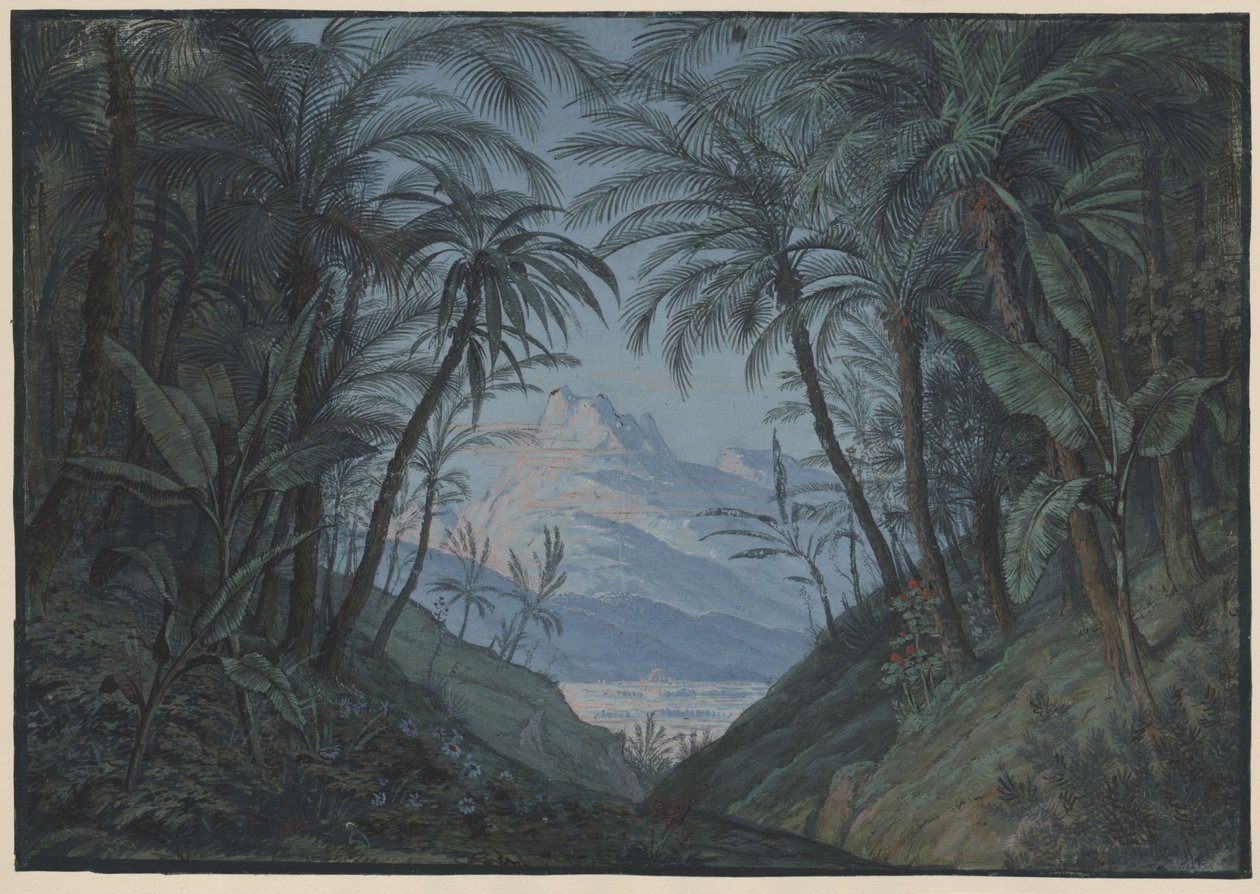La flauta mágica. Ópera de Wolfgang Amadeus Mozart. Borrador de la quinta escenografía. Palmeral, lugar de reunión de los sacerdotes de Karl Friedrich Schinkel