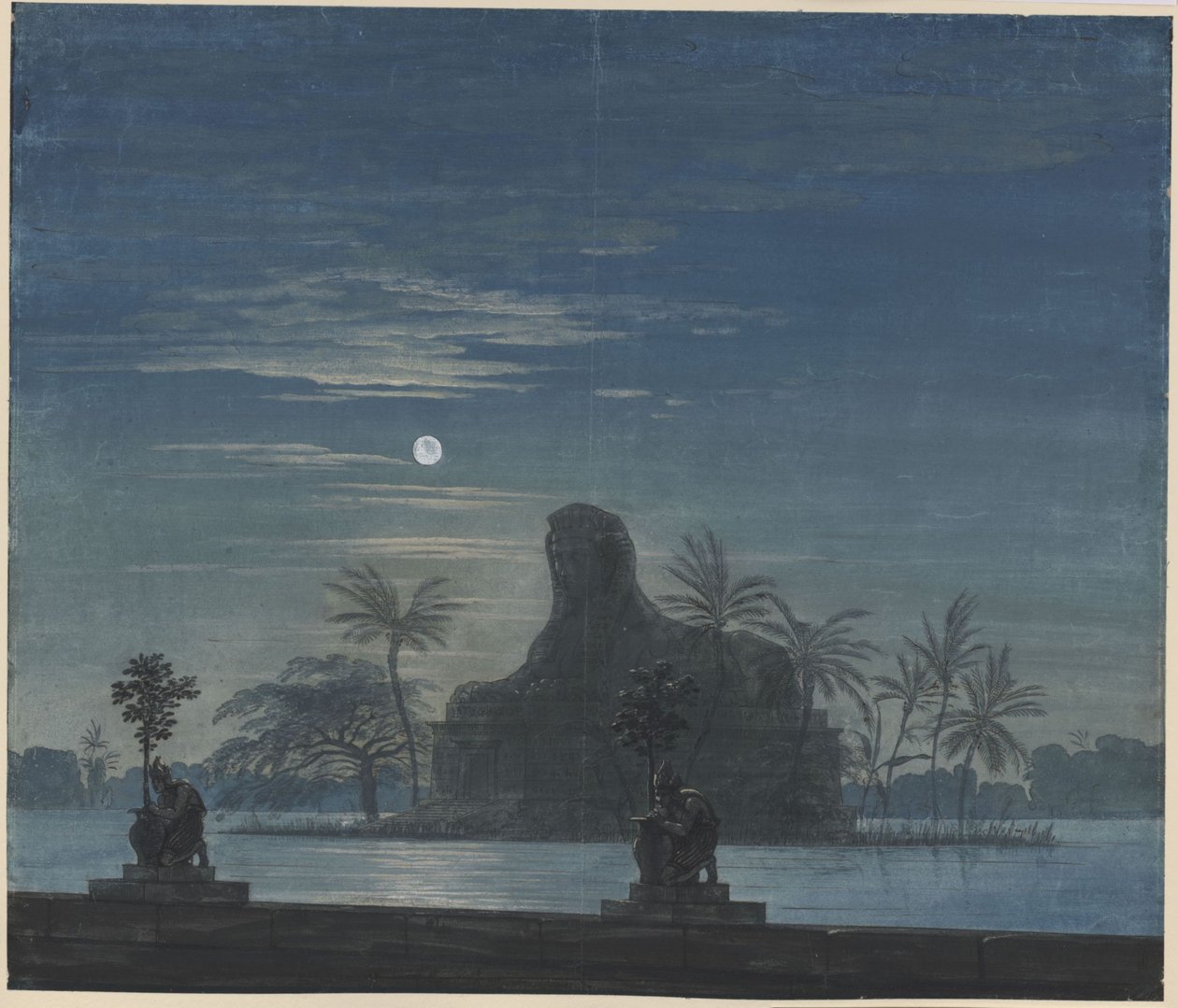La flauta mágica. Ópera de Wolfgang Amadeus Mozart. Boceto de la séptima escenografía. El jardín de Sarastro con una esfinge a la luz de la luna de Karl Friedrich Schinkel
