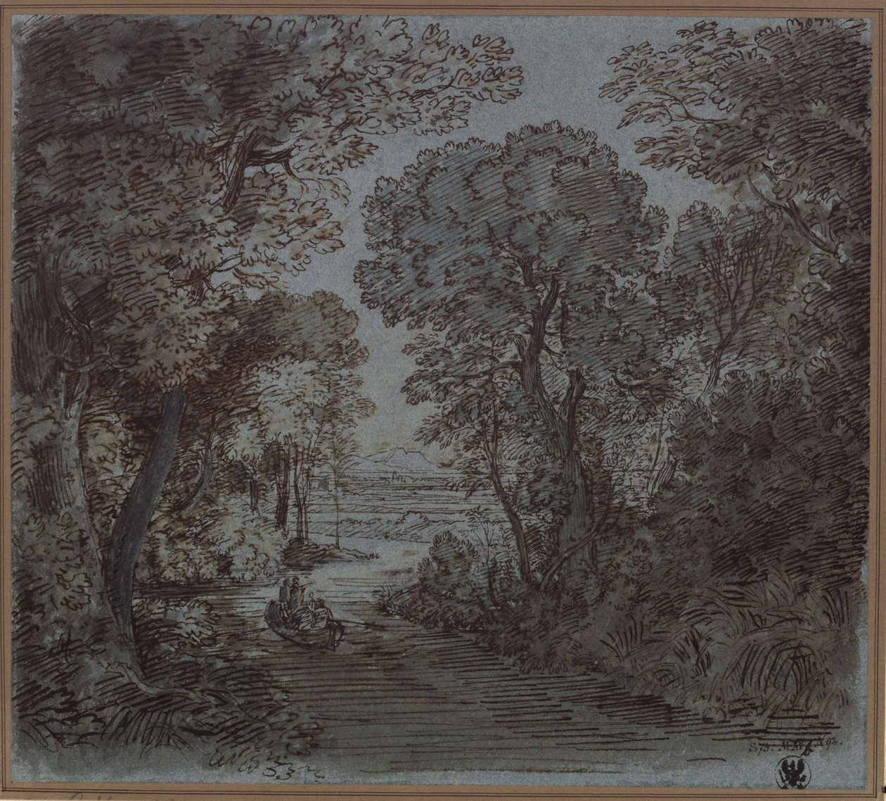 Un río bajo los árboles con vistas a una montaña en la lejanía de Karl Friedrich Schinkel