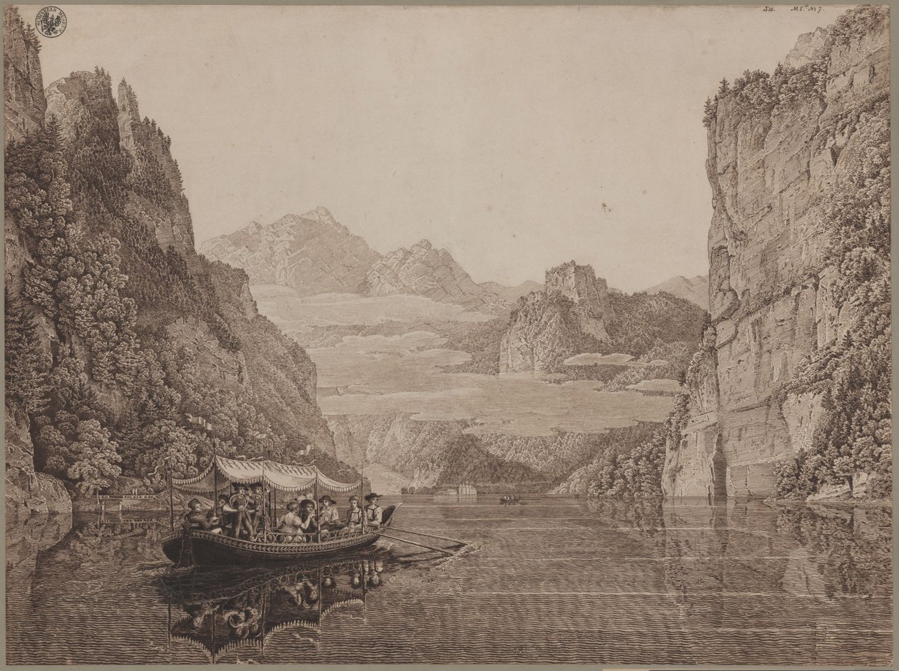 Un paseo en barco por el lago Königssee, cerca de Berchtesgaden (con Karl Friedrich Schinkel y su esposa Susanne Schinkel, de soltera Berger) de Karl Friedrich Schinkel