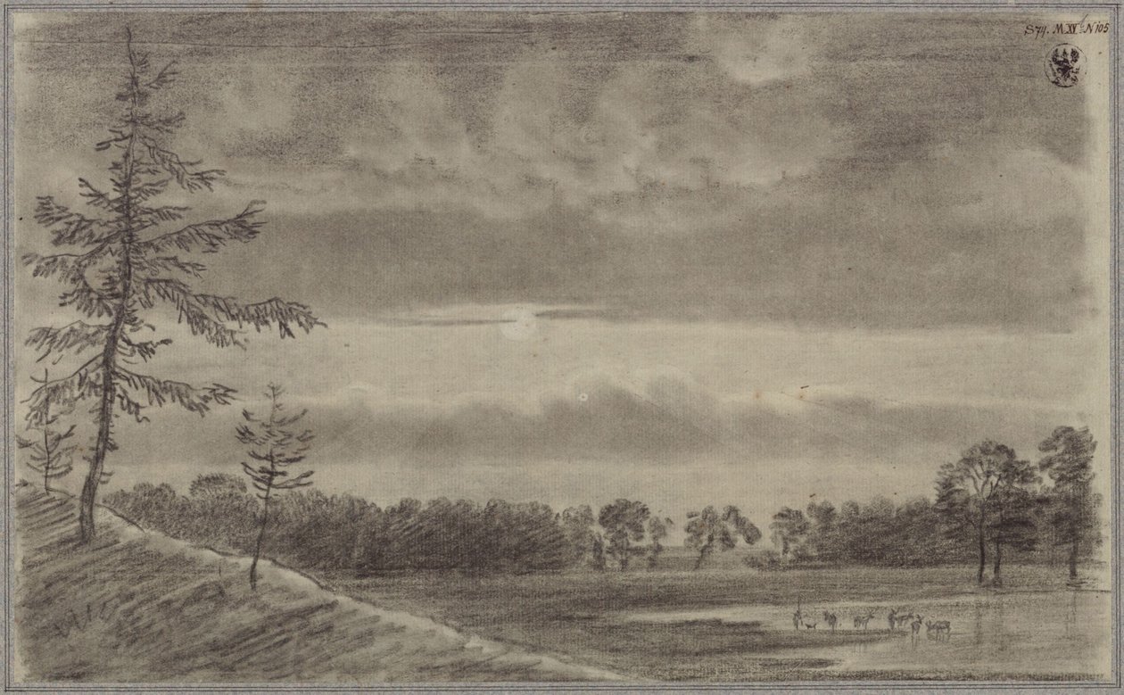 Un prado con árboles y ganado de Karl Friedrich Schinkel