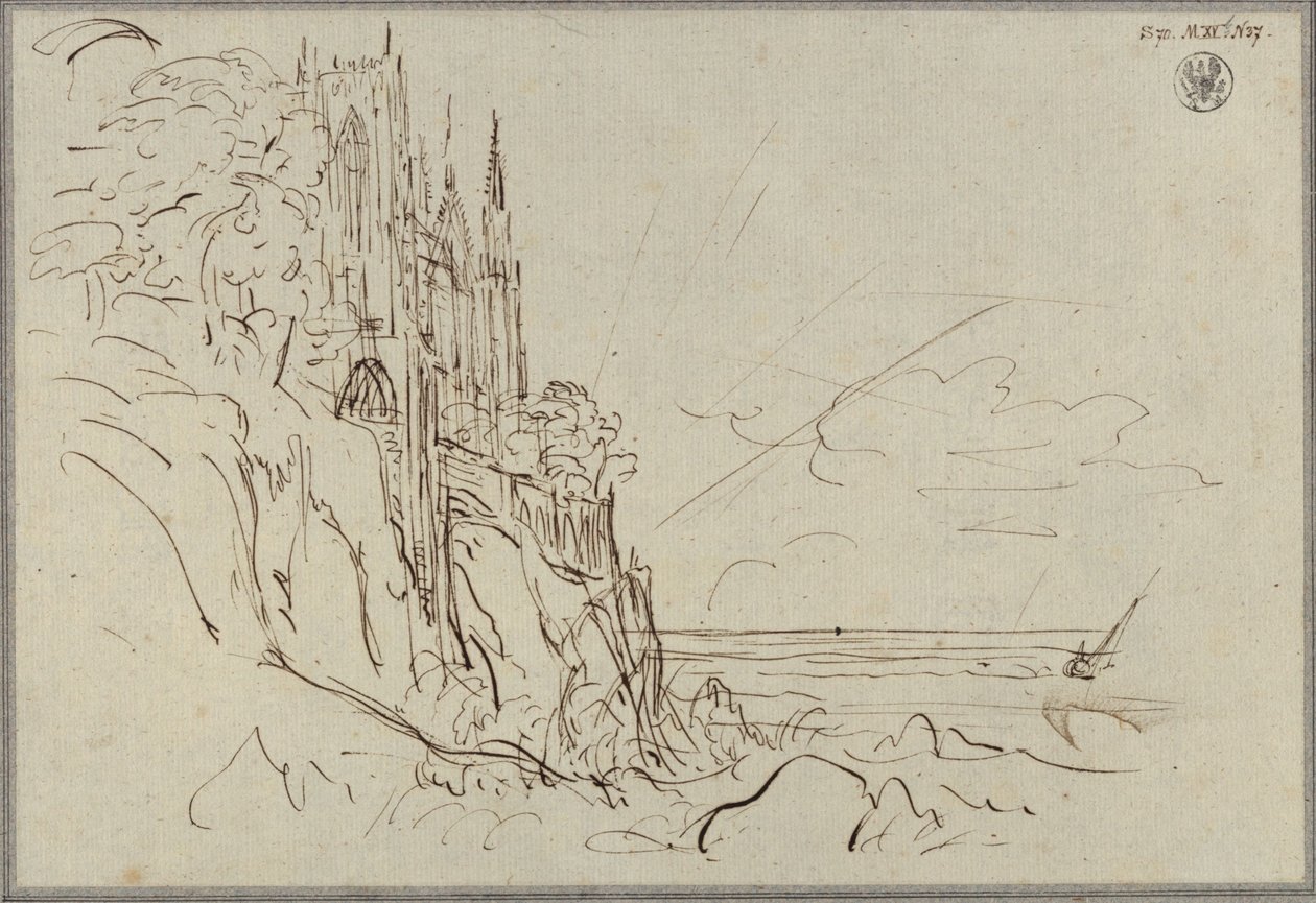 Una iglesia gótica en una escarpada costa marina ante el sol naciente de Karl Friedrich Schinkel