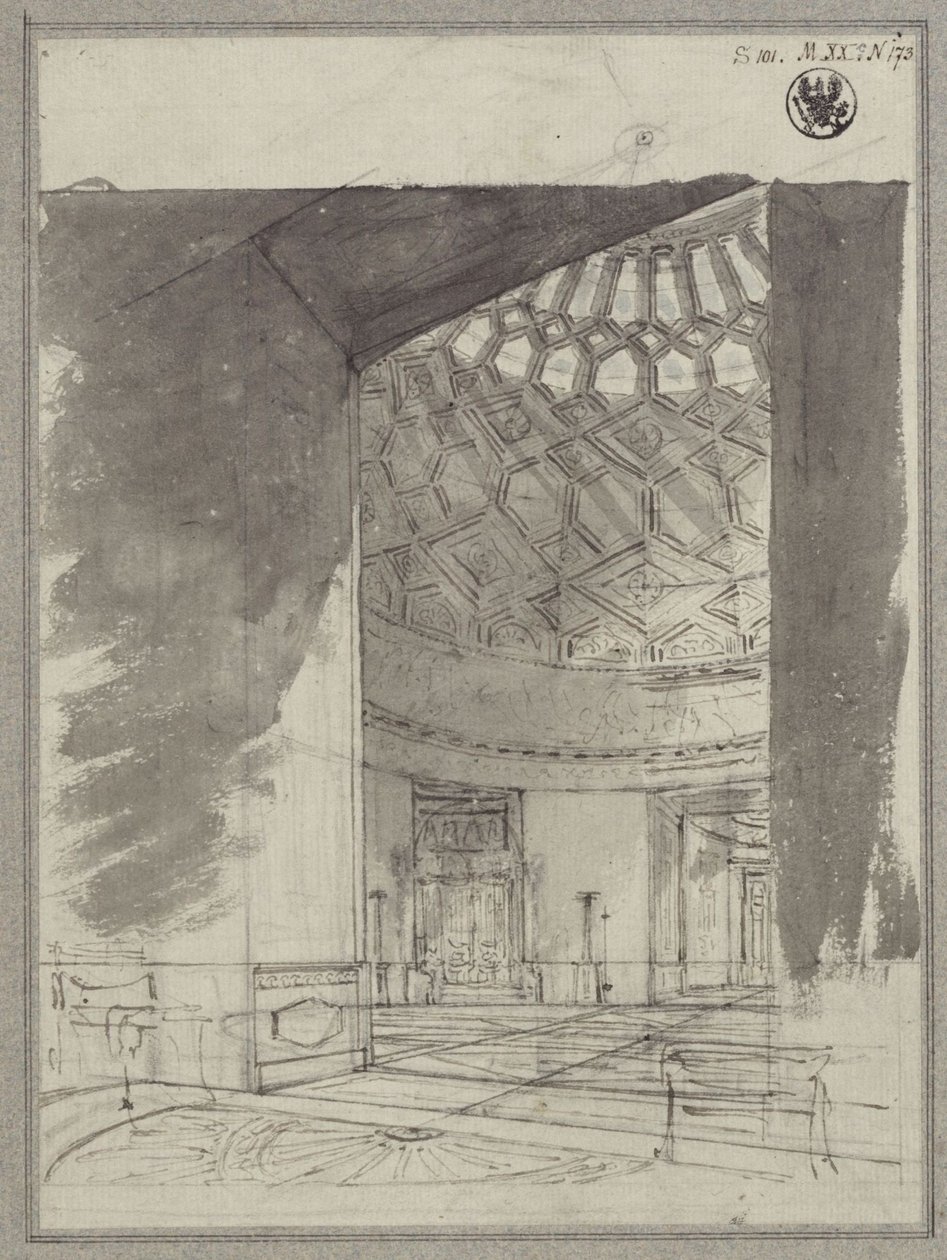 Casa de campo inglesa. Vista del salón abovedado con techado artesonado de Karl Friedrich Schinkel
