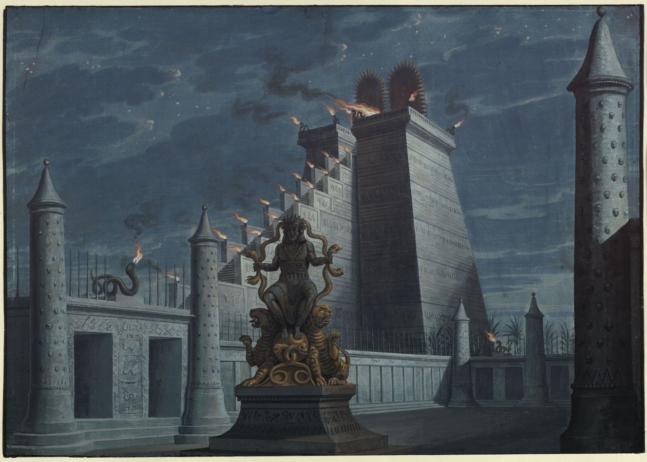 Fernand Cortez, o: La conquista de México. Ópera de Gaspare Spontini. Borrador de la primera escenografía. Templo indio del fuego de Karl Friedrich Schinkel
