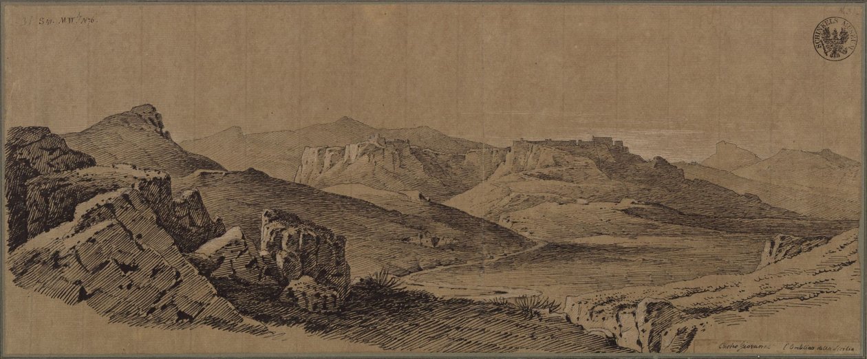 «Fortaleza Castro Giovanni en el centro de Sicilia» - Vista de Enna en Sicilia de Karl Friedrich Schinkel