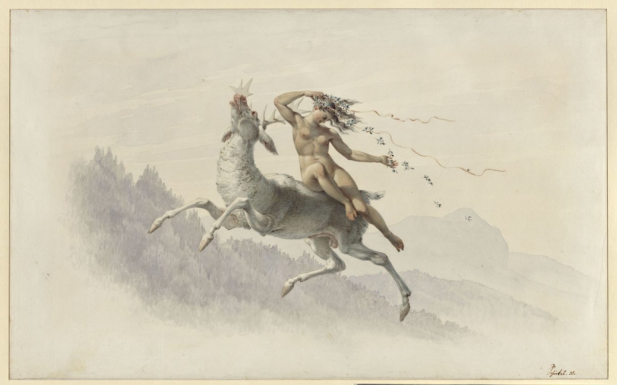 Una mujer montada en un ciervo que flota en el aire de Karl Friedrich Schinkel
