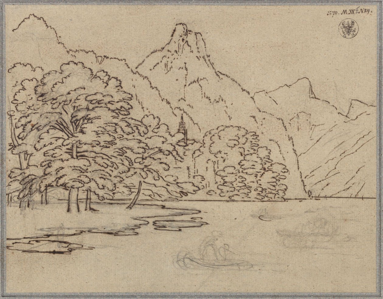Paisaje montañoso con un lago, probablemente el Traunsee, y el Kleiner Sonnstein de Karl Friedrich Schinkel