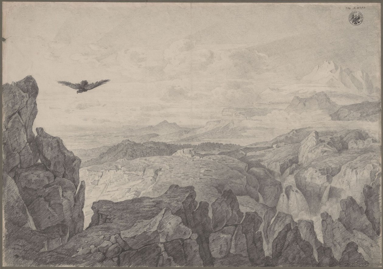 Paisaje montañoso con un águila en vuelo de Karl Friedrich Schinkel