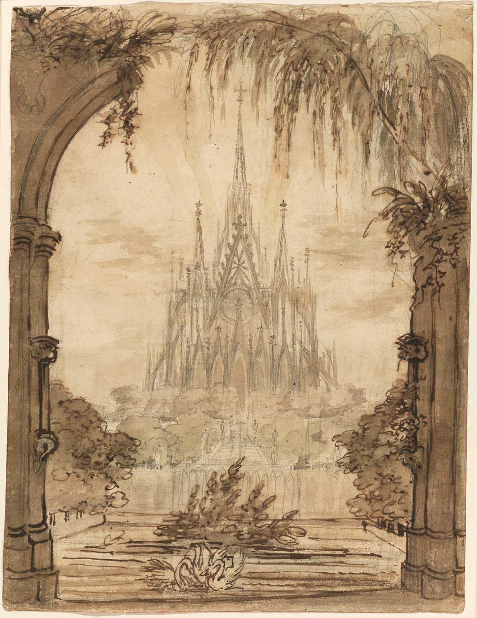 Catedral gótica detrás de un estanque con cisnes de Karl Friedrich Schinkel