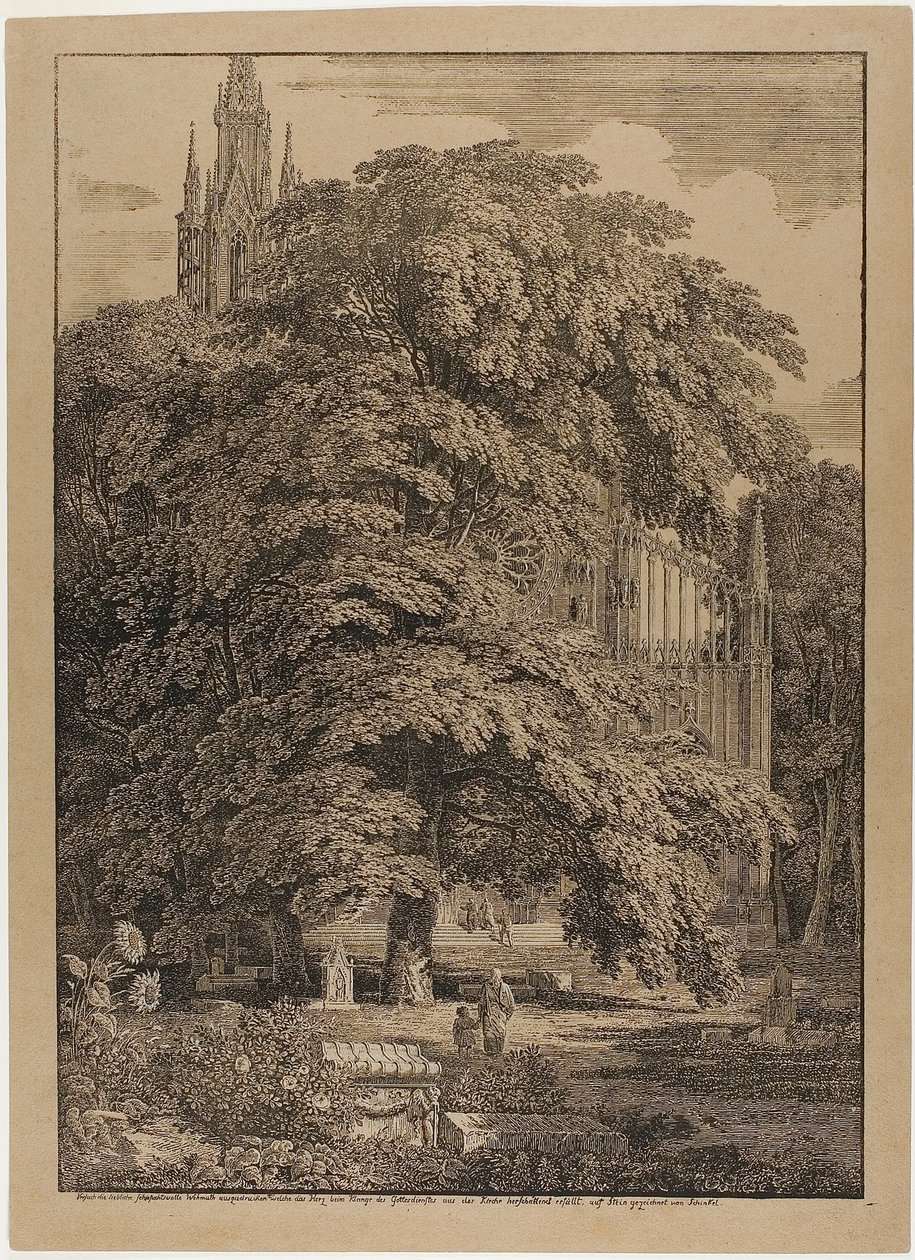 Iglesia gótica detrás de un bosque de robles con tumbas de Karl Friedrich Schinkel