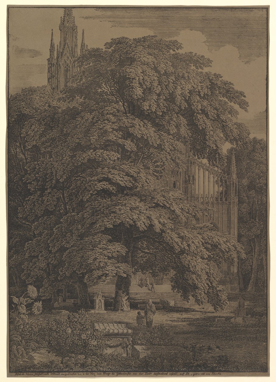 Iglesia gótica oculta tras un árbol de Karl Friedrich Schinkel