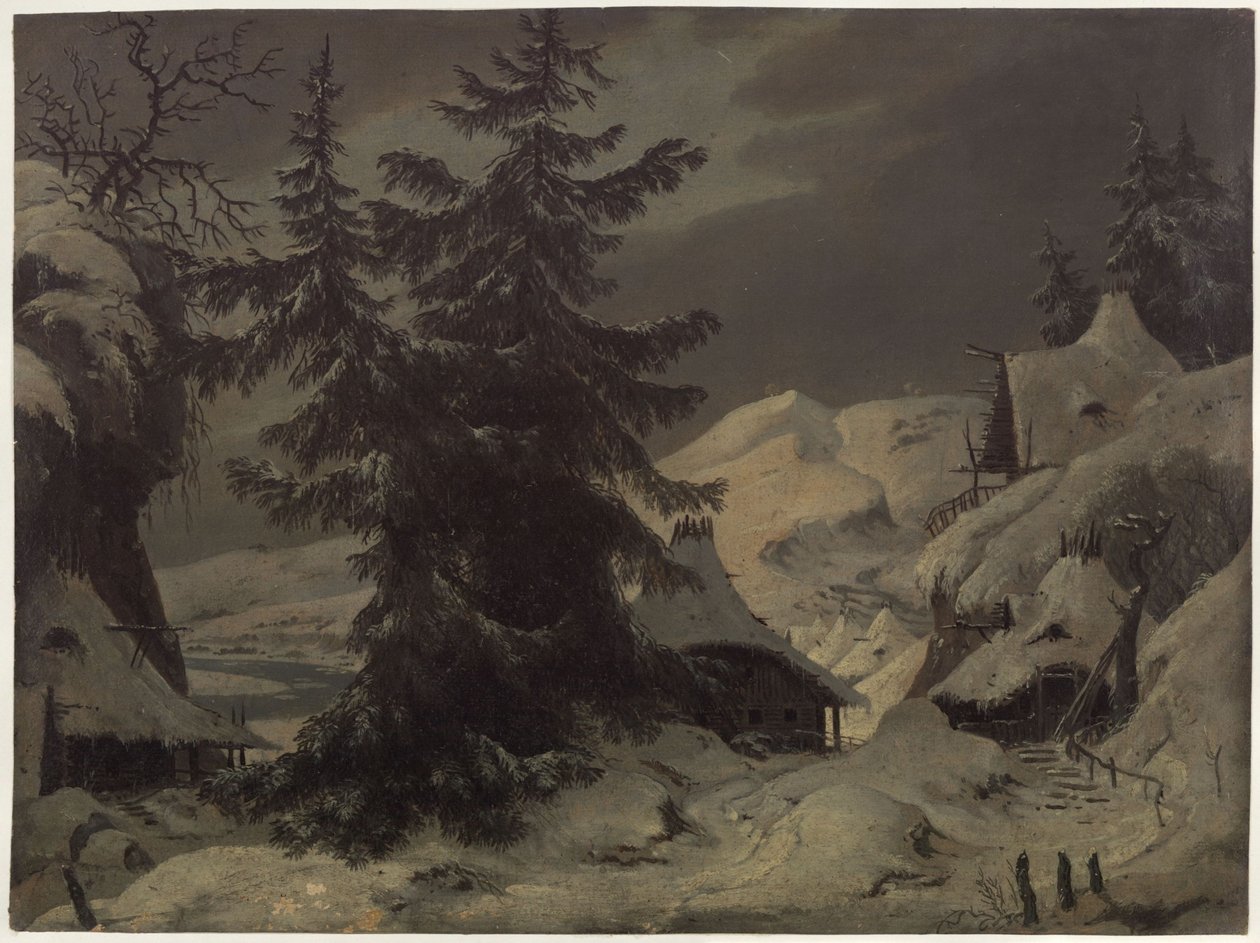 El conde Benjowski, o la conspiración en Kamchatka. Obra de teatro de August von Kotzebue. Boceto de la segunda escenografía. Pueblo con paisaje nevado de Karl Friedrich Schinkel