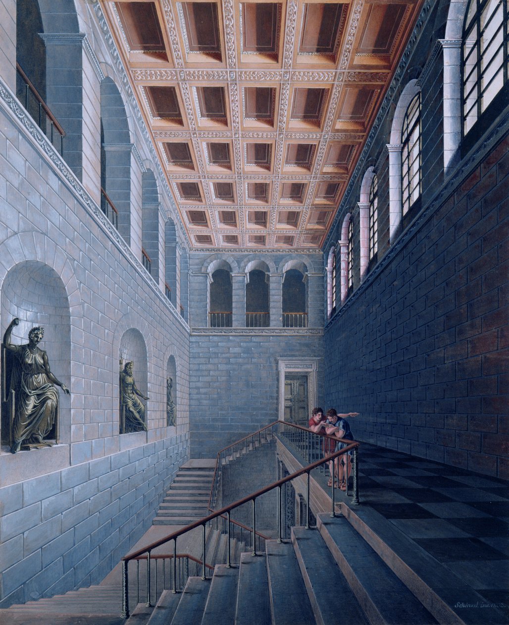 Vista interior de una escalera, diseño para un castillo en Koestritz, 1802-03 de Karl Friedrich Schinkel