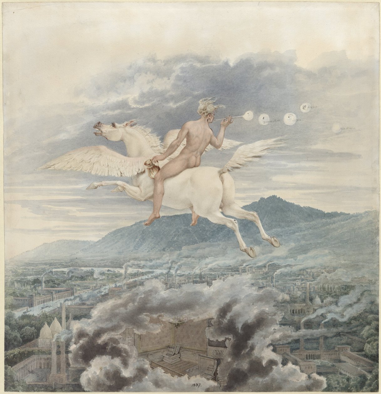Karl Friedrich Schinkel - Figura femenina soplando pompas, como alegoría de Christian Peter Wilhelm Beuth, montado en Pegaso sobre una ciudad industrial - 1837 de Karl Friedrich Schinkel