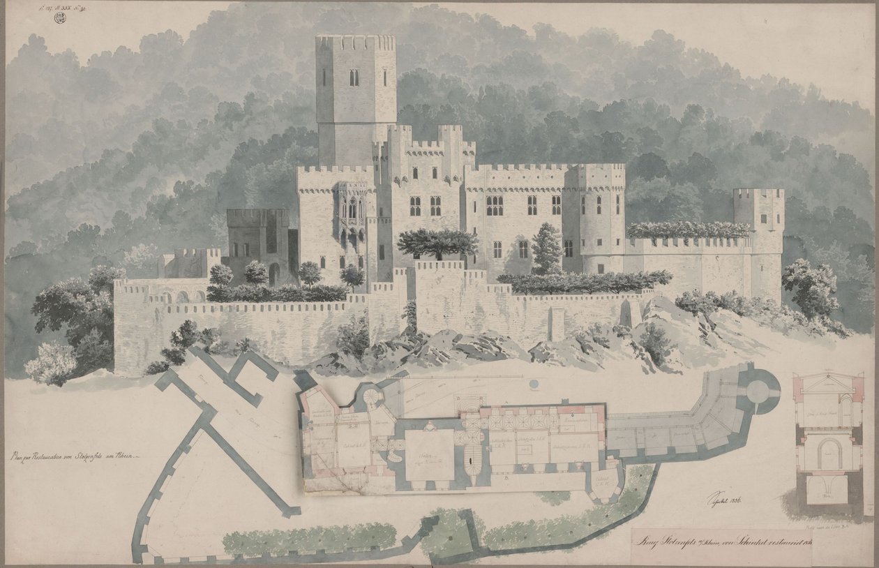 Coblenza. Ruinas de Stolzenfels. Plano de la planta superior y vista exterior de Karl Friedrich Schinkel